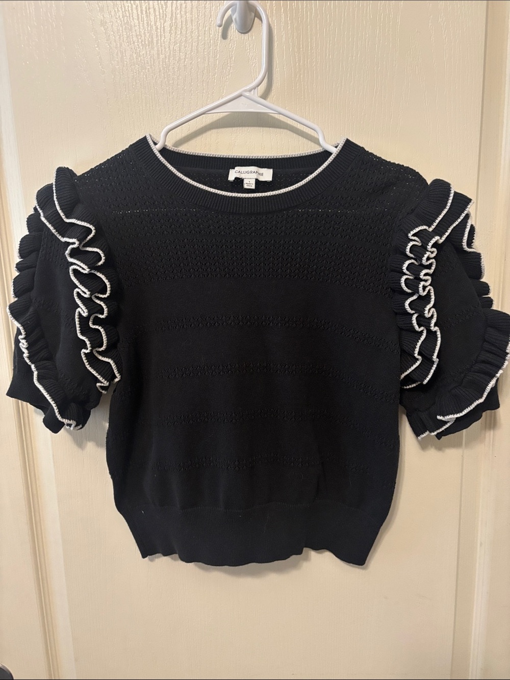 Calligraphie Black Ruffle Short Sleeve Crewneck Sweater with Contrast Trim